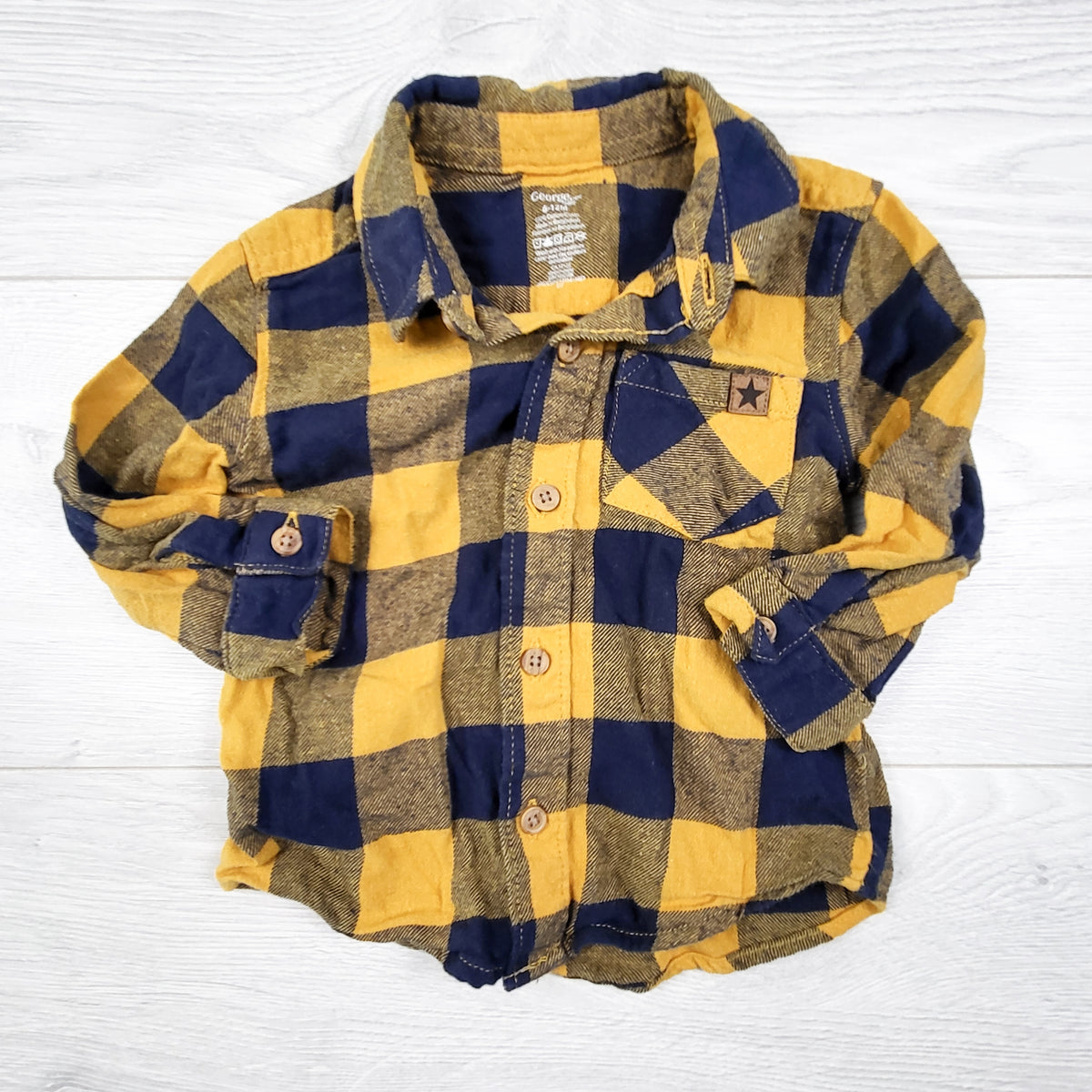 George yellow and navy plaid button down shirt. Size 6-12 months