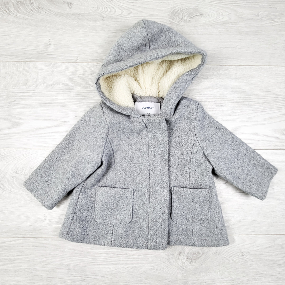 Old Navy grey hooded wool blend pea coat. Size 3-6 months