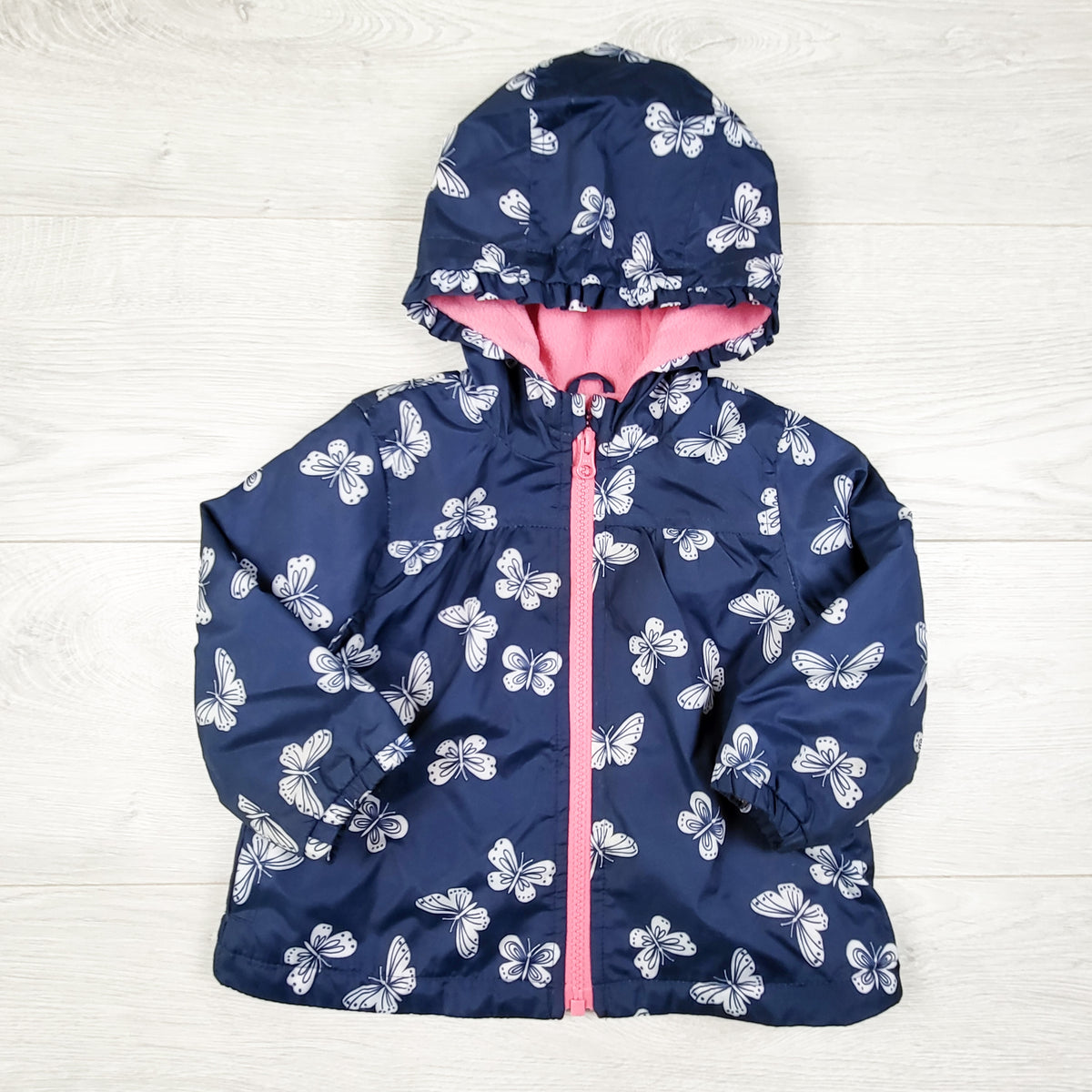 Carters navy fleece lined rain jacket with butterflies. Size 12 months
