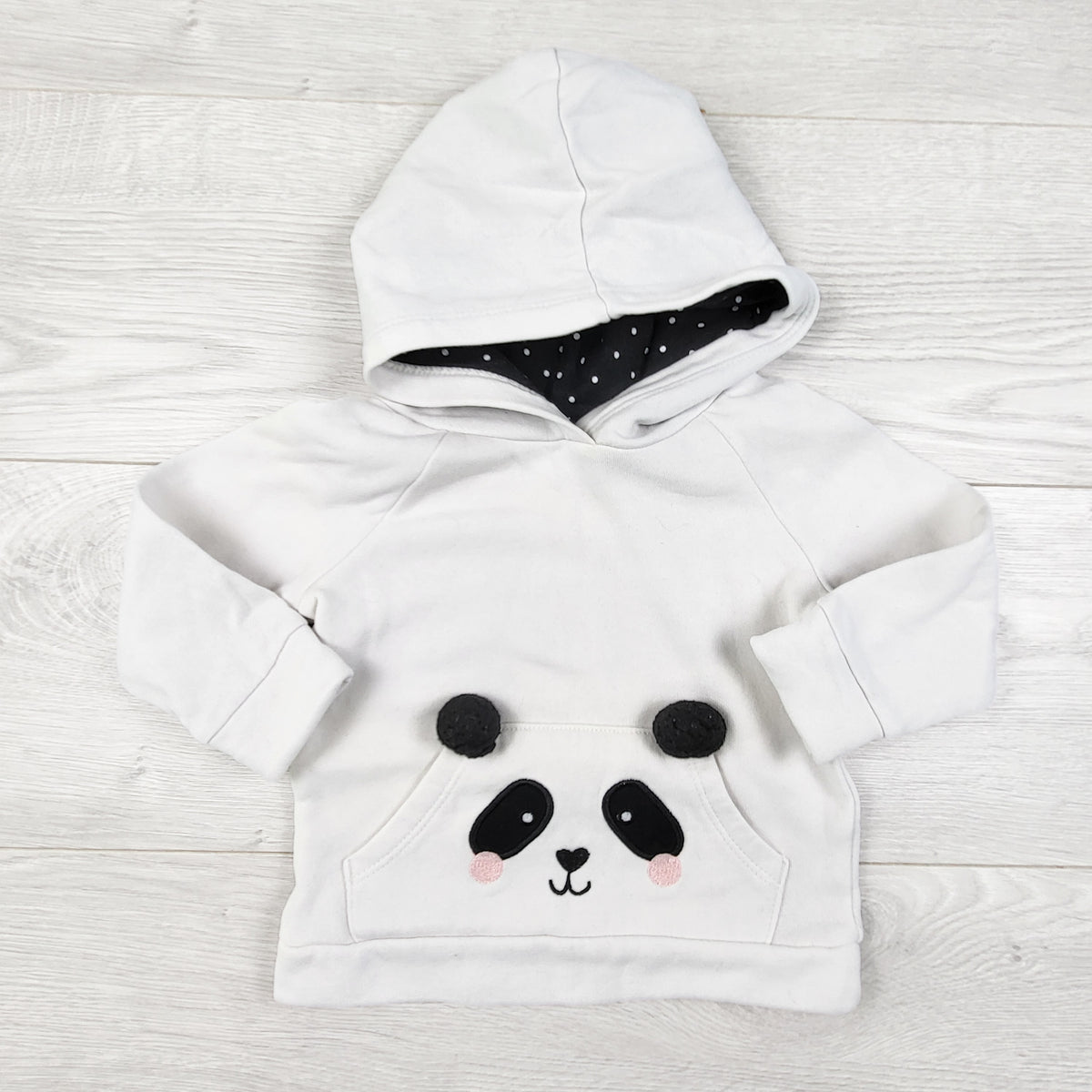George white fleecy lined pullover panda hoodie. Size 6-12 months