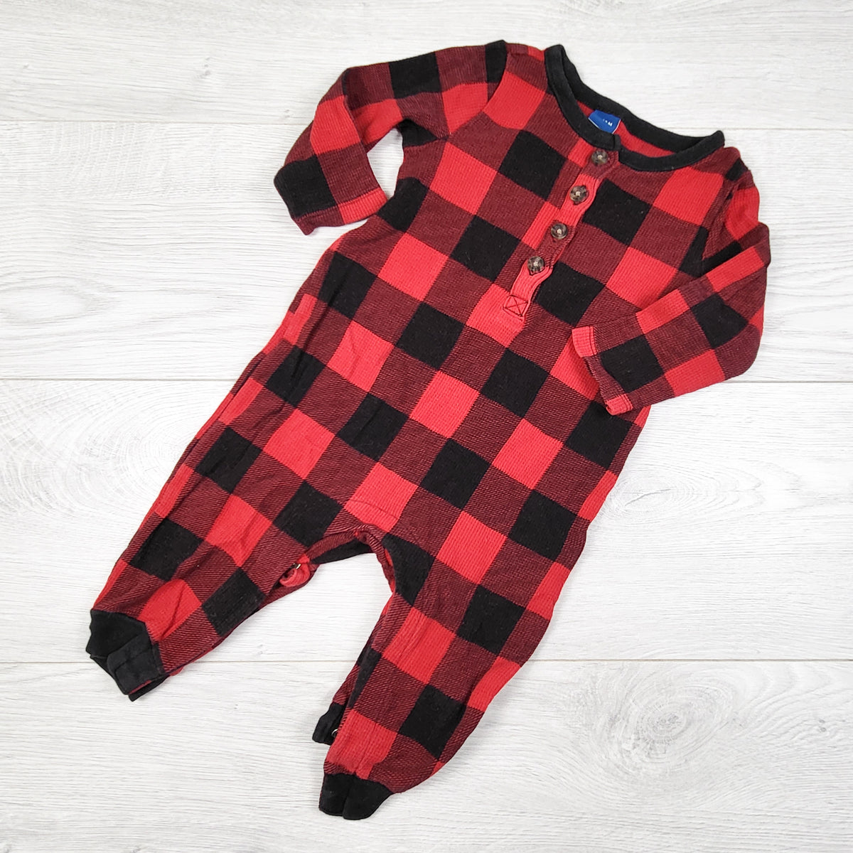 Old Navy buffalo plaid waffle knit romper. Size 6-12 months