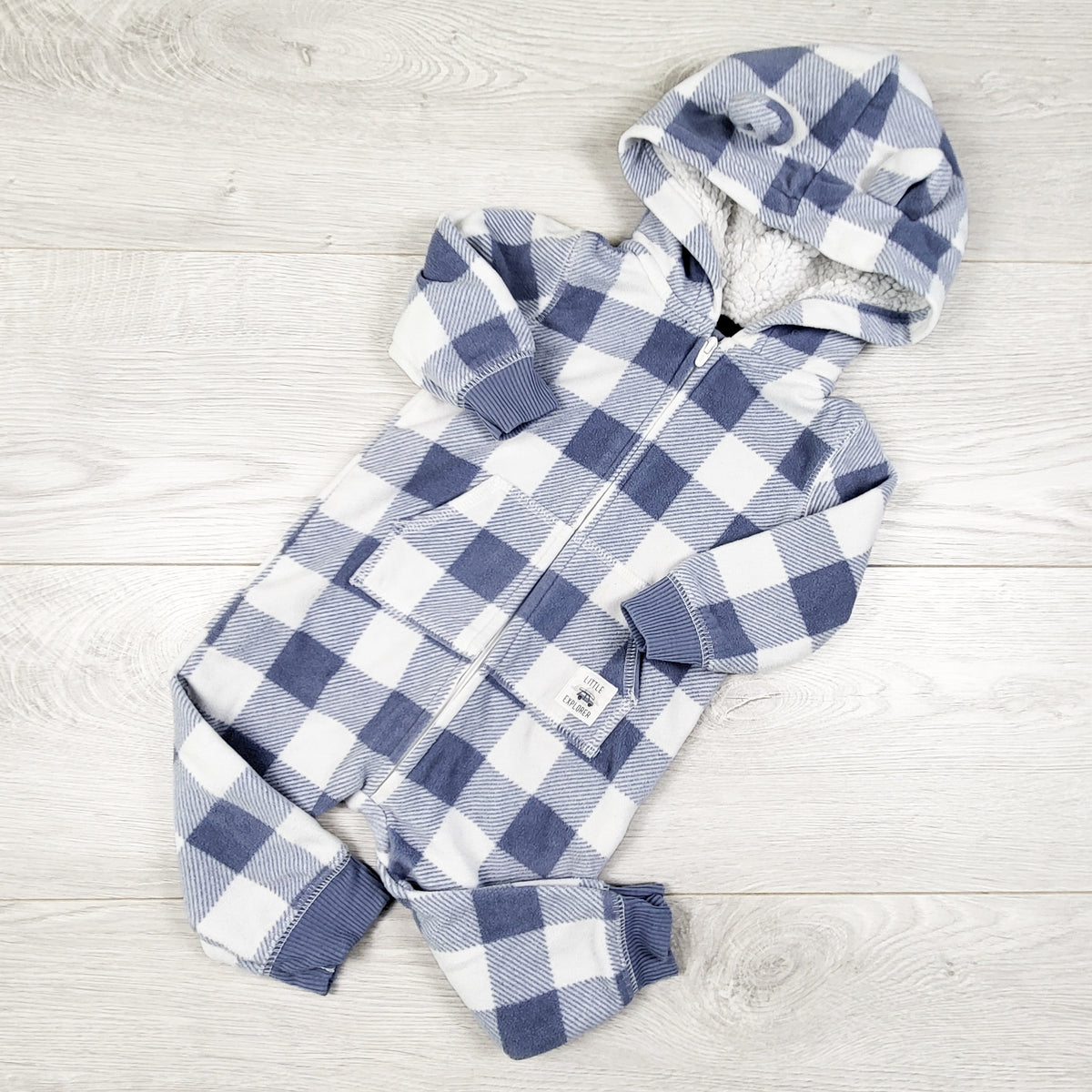 Carters blue plaid fleece bunting / pram suit. Size 6 months