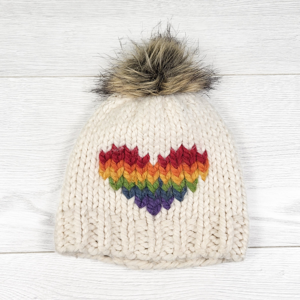 Handmade chunky knit rainbow pom pom toque. Approx 2-4 Years