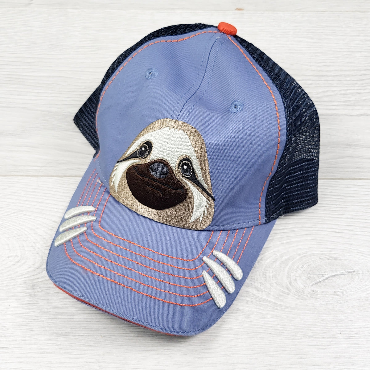 Blue mesh snapback trucker hat with sloth. One size fits all
