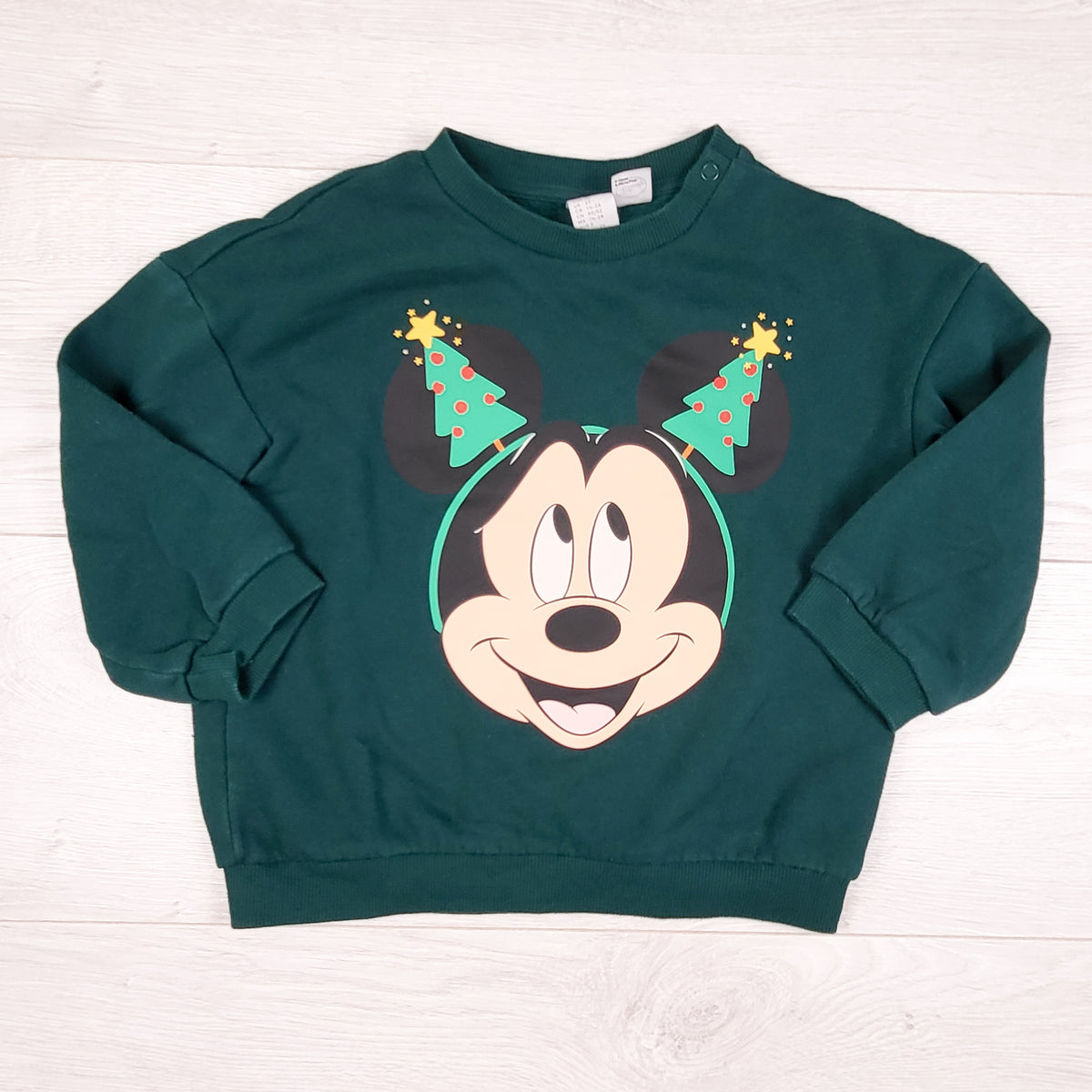 H and M x Disney green fleecy lined Mickey Mouse sweatshirt. Size 18-24 months