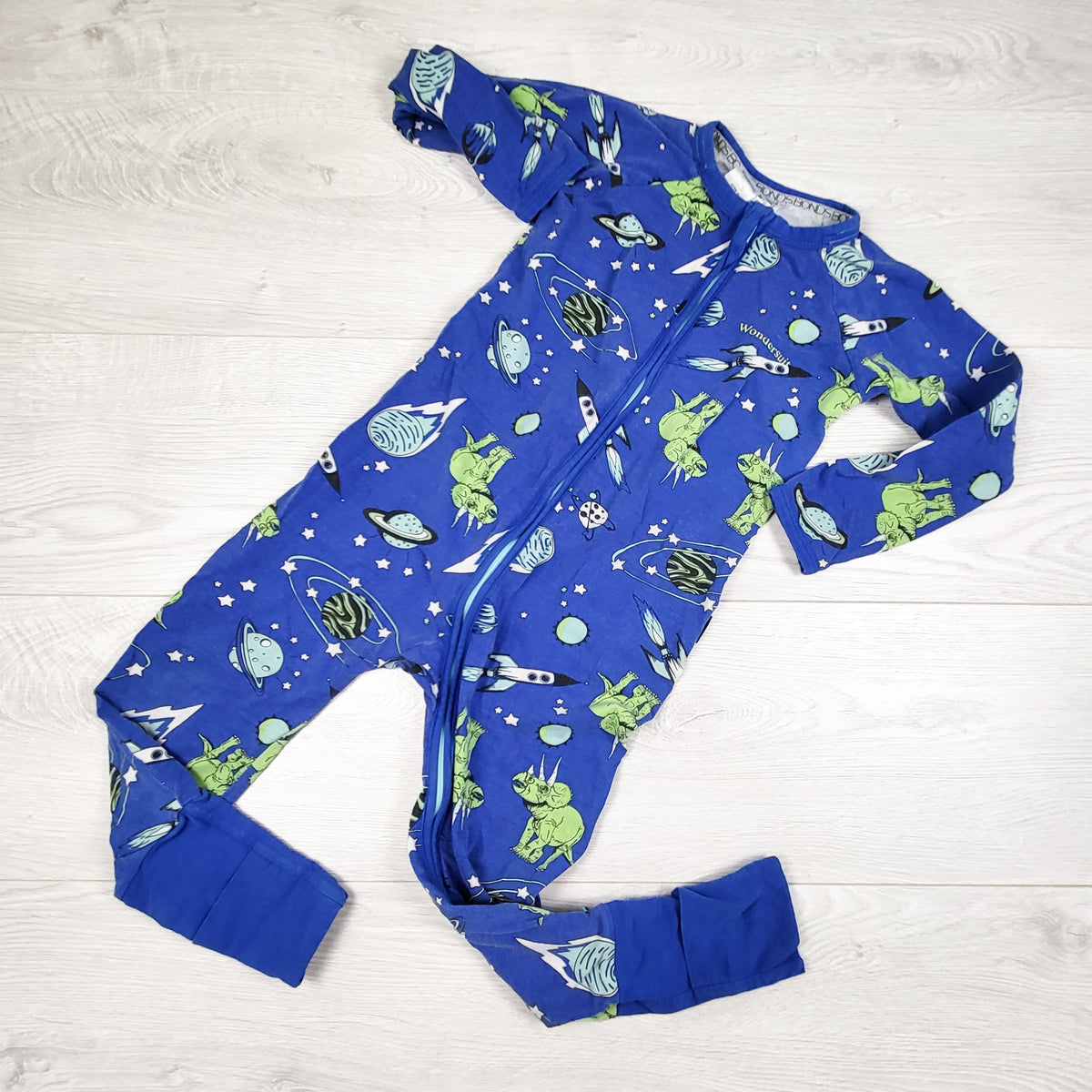 Bonds blue zippered dinosaurs in space wondersuit sleeper. Size 3T
