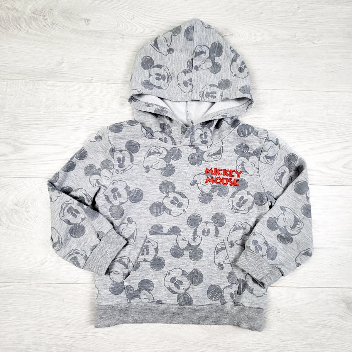 Disney Junior grey fleecy lined Mickey Mouse pullover hoodie. Size 4T
