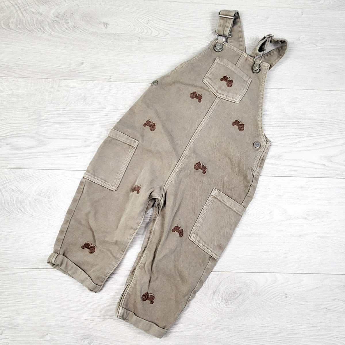 F and F Tan Denim Bib Overalls With Cars. Size 12-18 Months