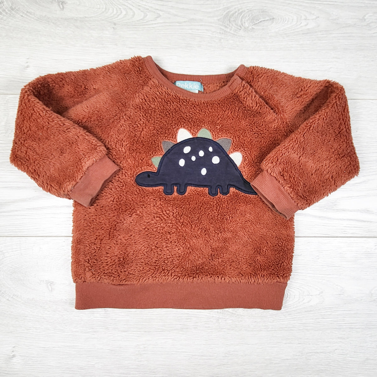 Pekkle Rust Coloured Faux Fur Dinosaur Sweatshirt. Size 18 Months