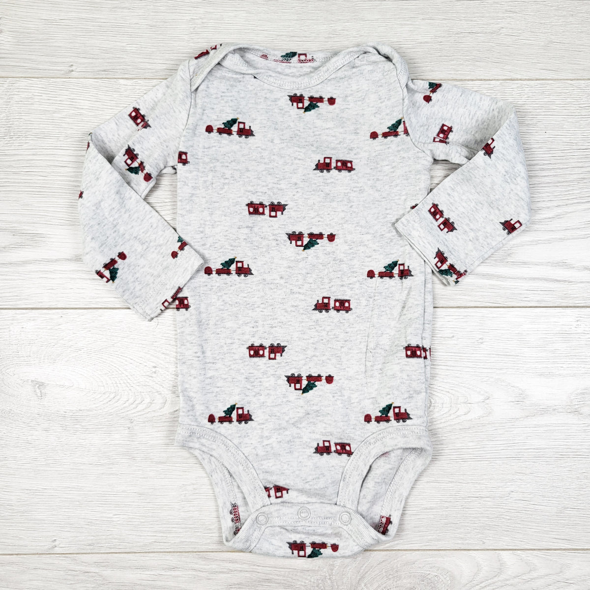 Carters Gray Long Sleeve Bodysuit with Christmas Tree Trains. Size 12 Months