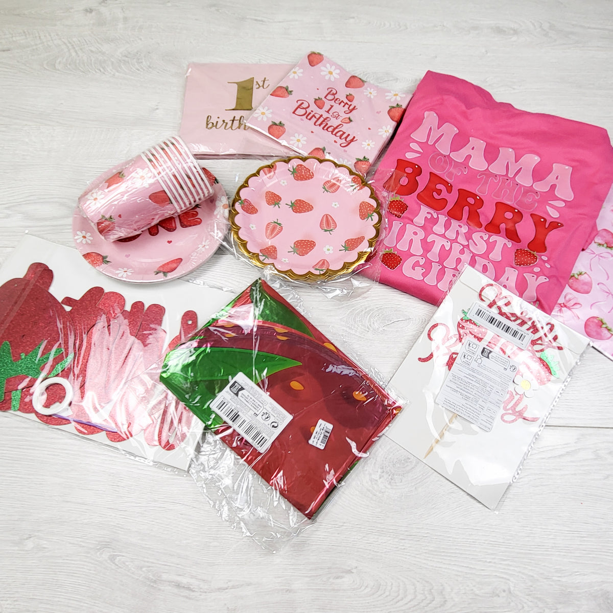 Berry First Birthday" Strawberry-Themed 1st Birthday Party Set (shirt is a size large)