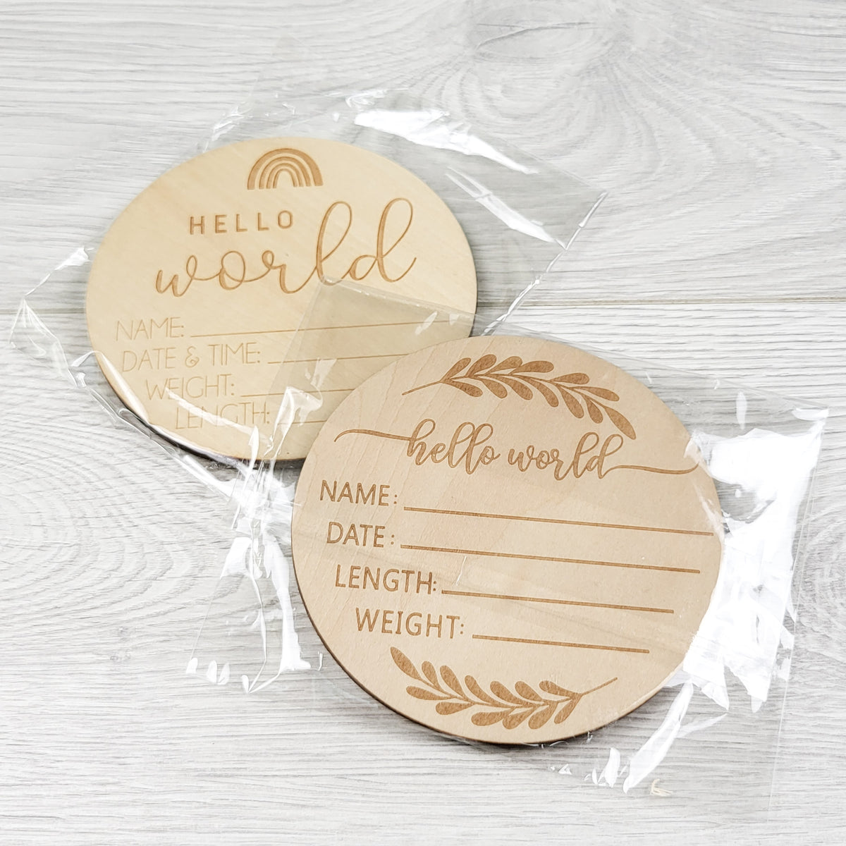 NEW - "Hello World" Wooden Newborn Birth Announcement Keepsake Discs