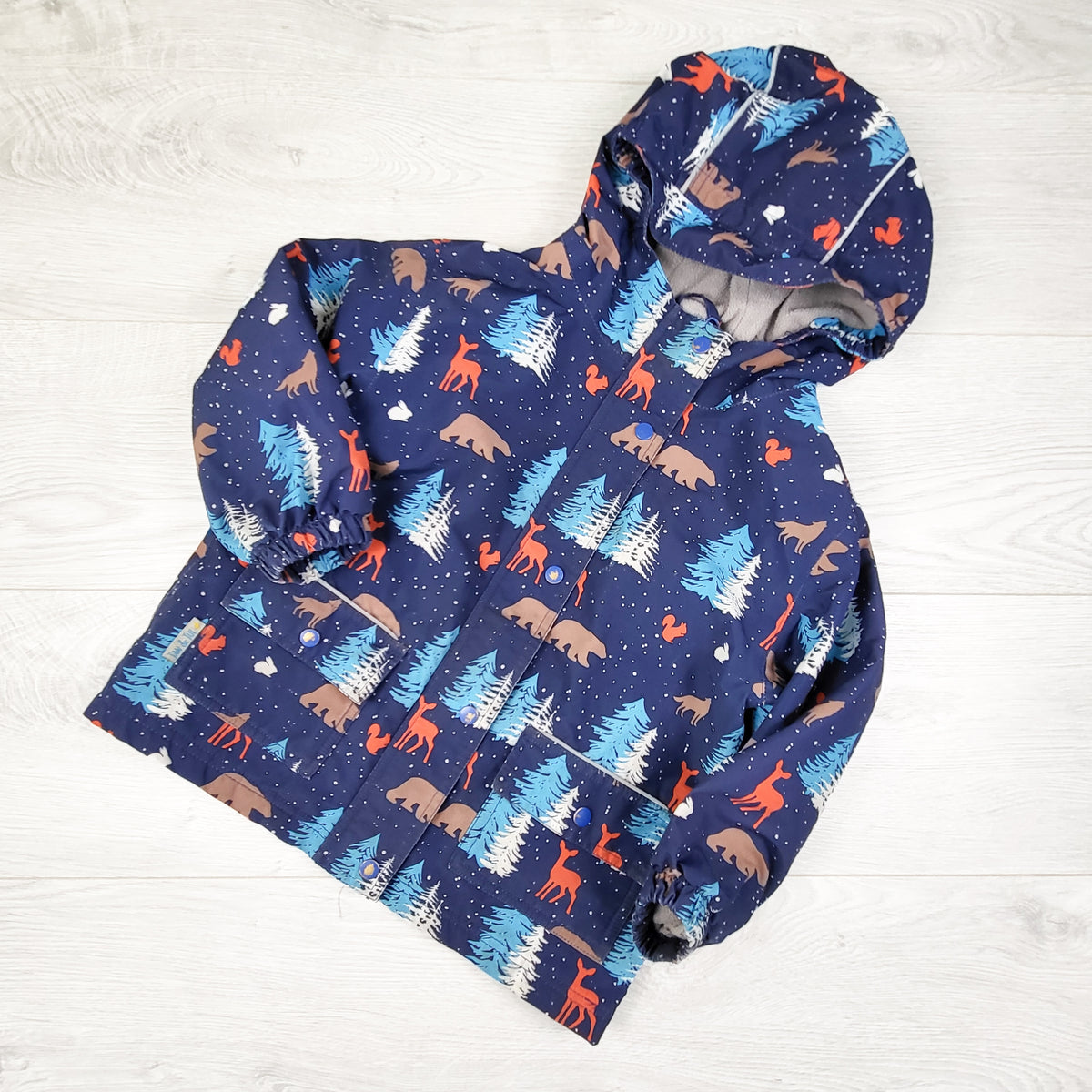 Jan and Jul Navy Woodland Print Fleece Lined Rain Jacket. Size 3T - AS IS