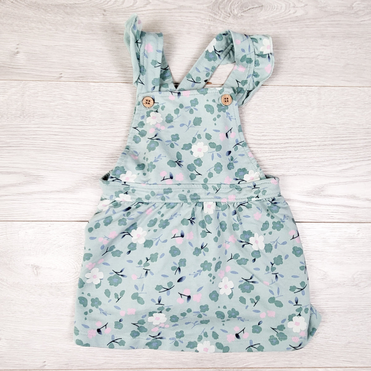 Pekkle Teal Floral Print Cotton Overall Dress. Size 12 Months