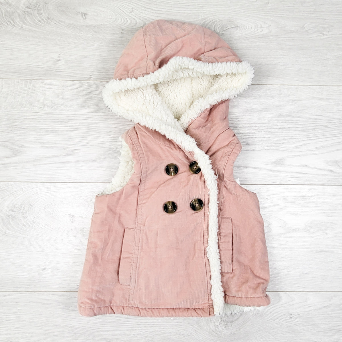 Aspen Kids Pink Sherpa Lined Hooded Corduroy Vest. Size 12 Months