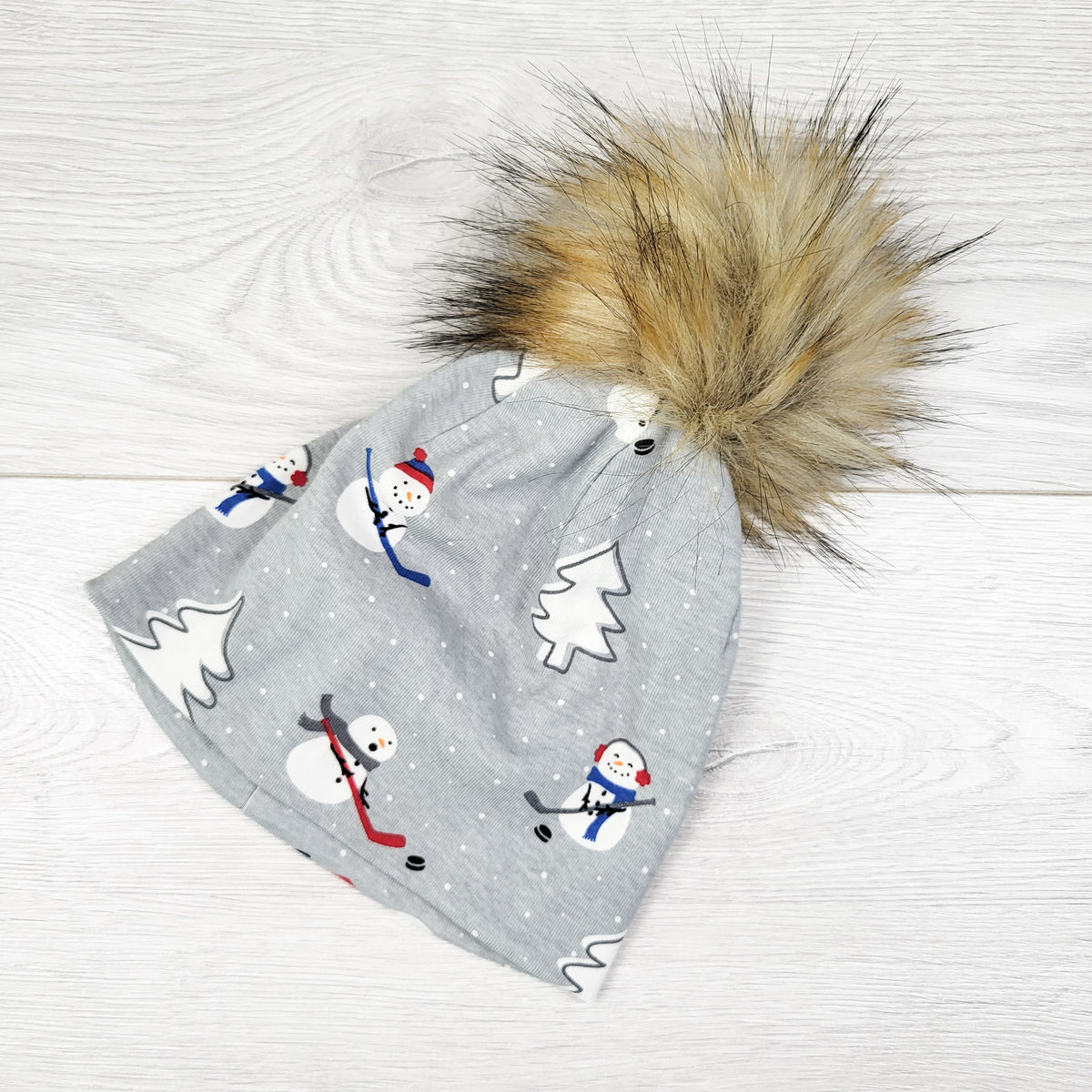 Indigo Grey Snowman Pompom Beanie. Size 0-12 Months