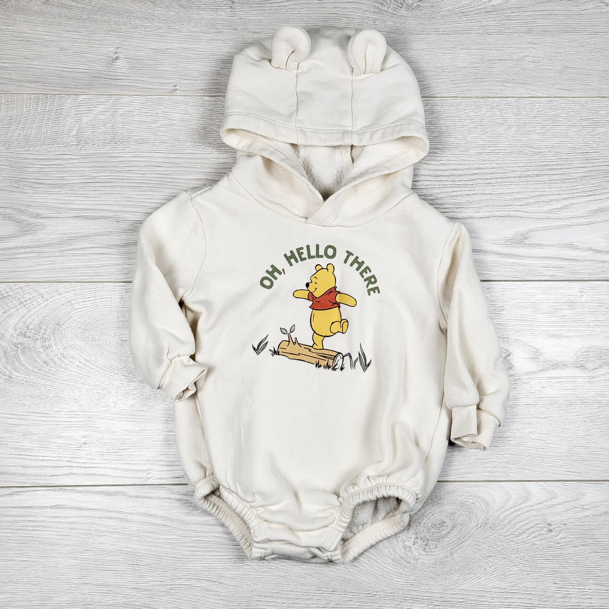 Old Navy x Disney white hooded Winnie the Pooh sweatshirt romper. Size 6-12 months