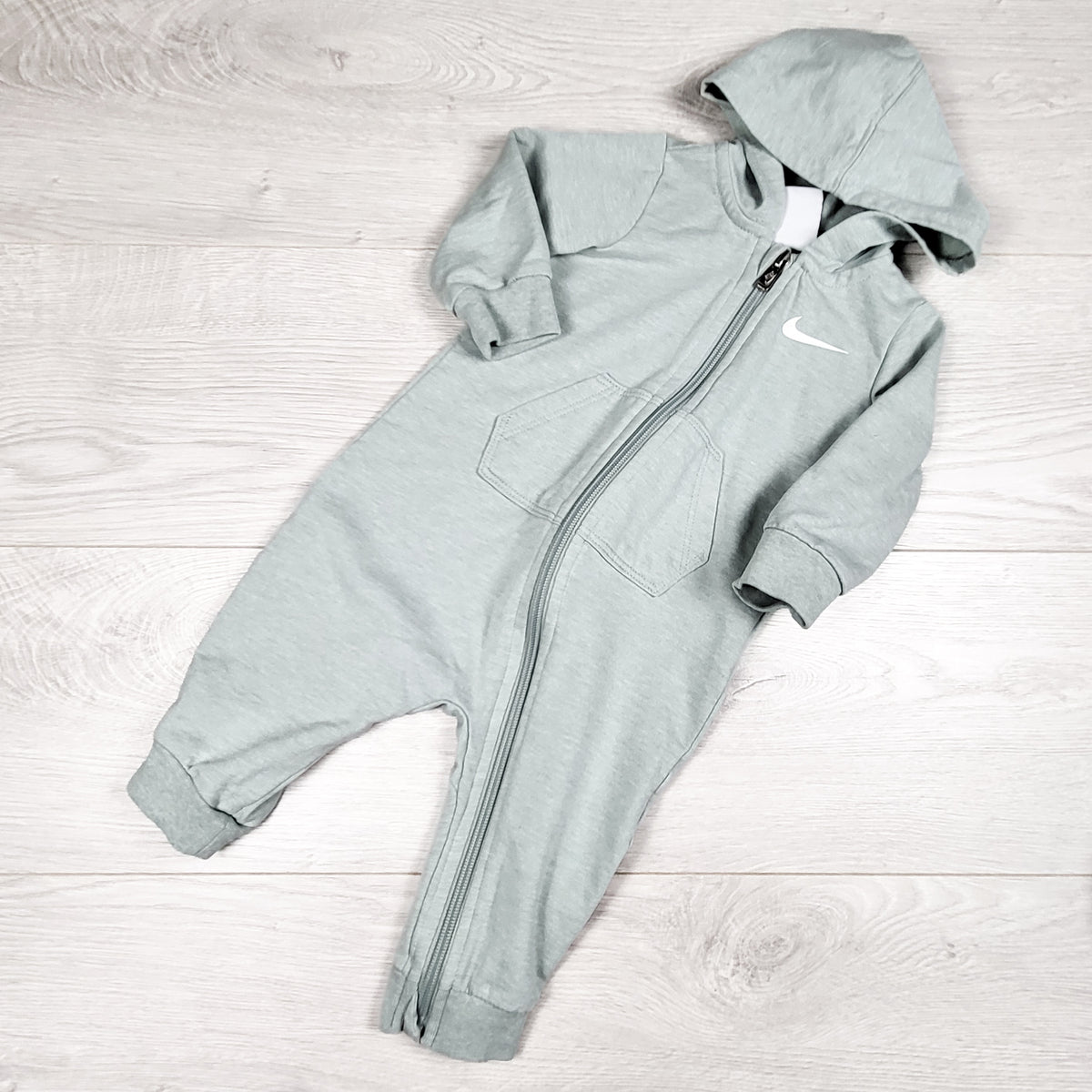 Nike sage green hooded romper. Size 9 months