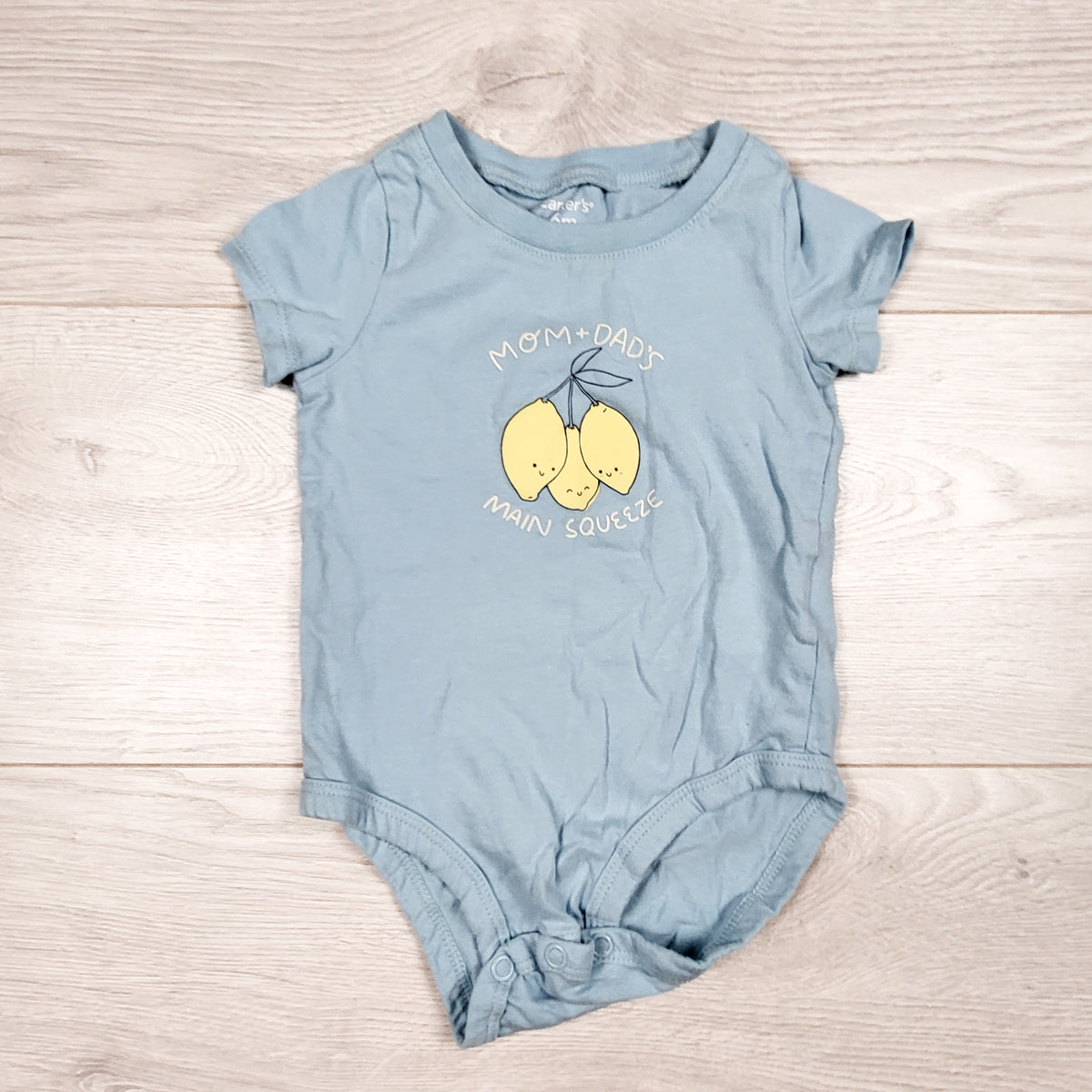 Carters blue "Mom and Dad's Main Squeeze" lemon print bodysuit. Size 12 months
