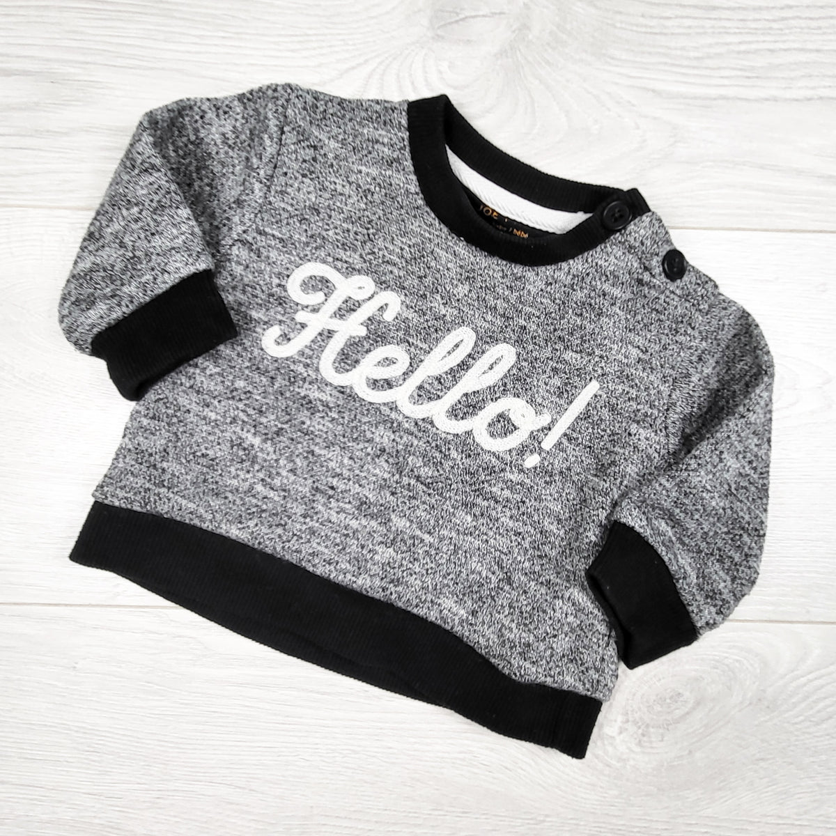 Joe heathered grey "Hello" sweater. Size 3-6 months