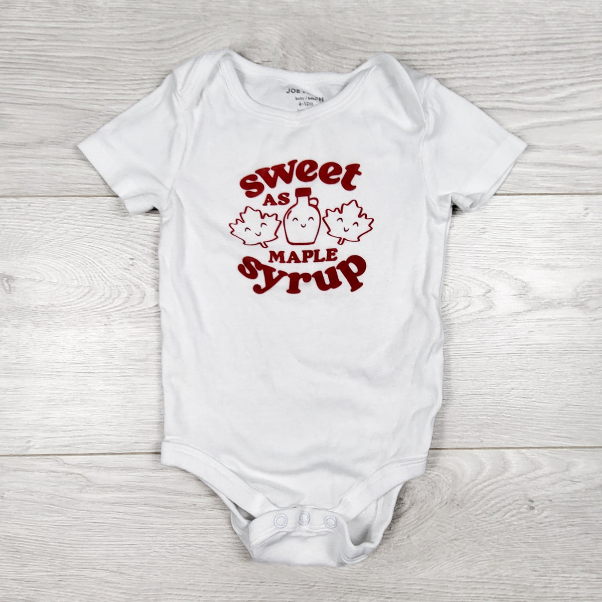 Joe Fresh white "Sweet as Maple Syrup" bodysuit. Size 9-12 months