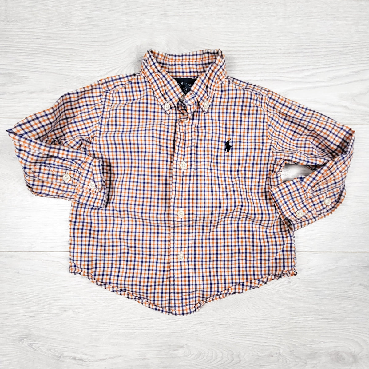 Ralph Lauren orange and blue plaid button down shirt. Size 18 months