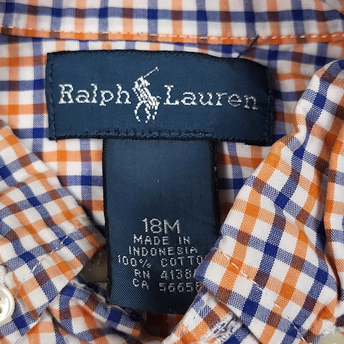 Ralph Lauren orange and blue plaid button down shirt. Size 18 months