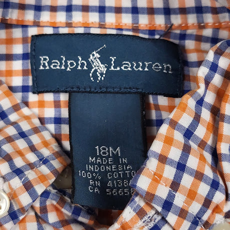 Ralph Lauren orange and blue plaid button down shirt. Size 18 months