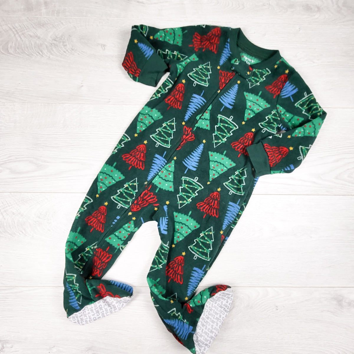 Carters green zippered fleece sleeper with Christmas trees. Size 18 months