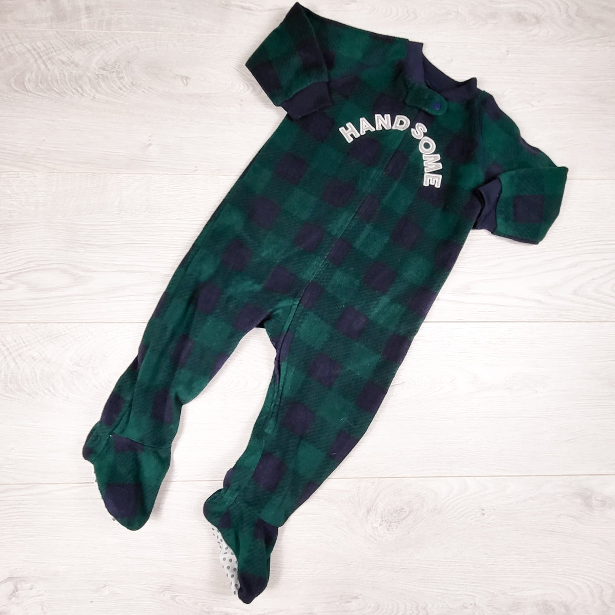 Children's Place navy and green plaid zippered fleece "Handsome" sleeper. Size 9-12 months