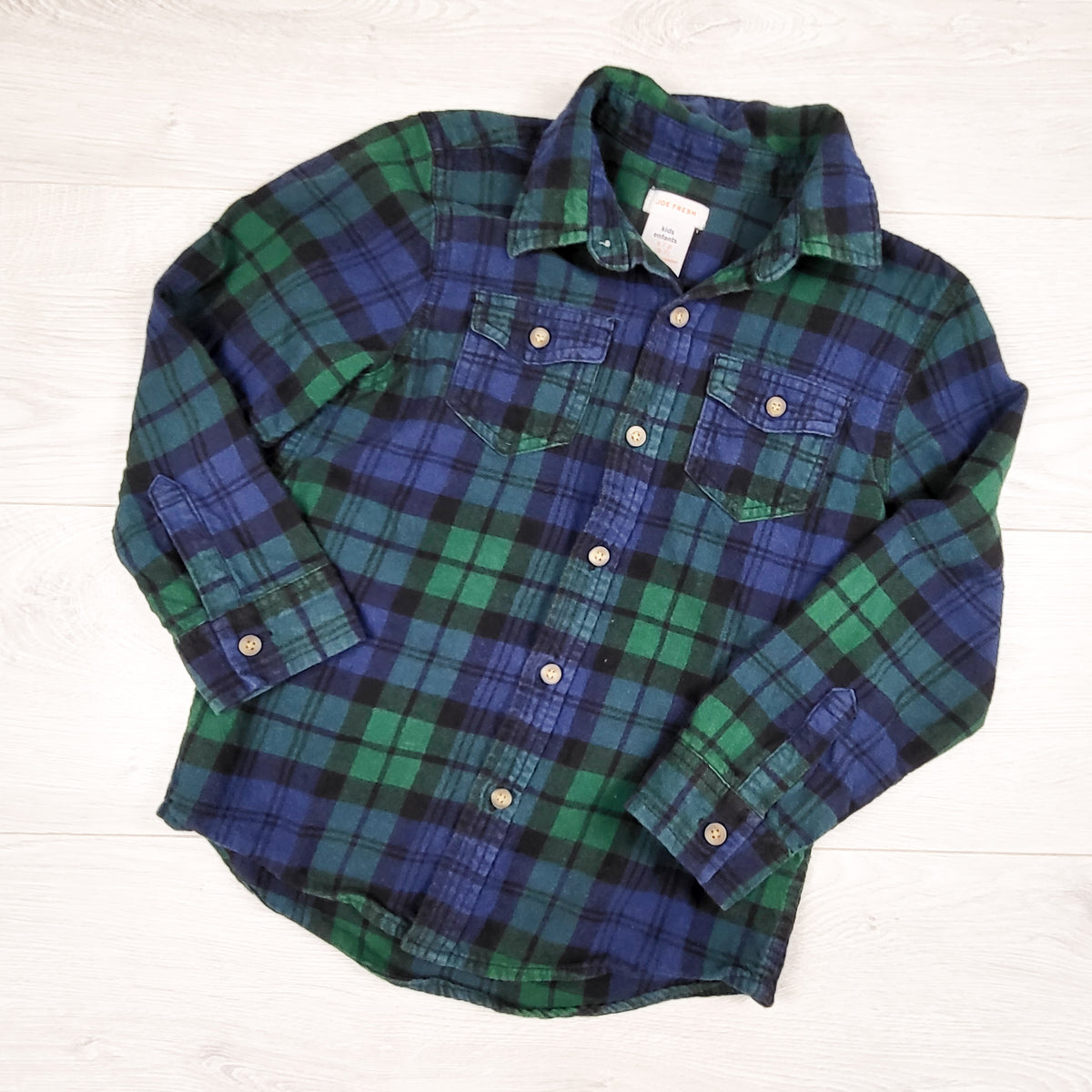 Joe navy and green plaid button down flannel shirt. Size 6/7