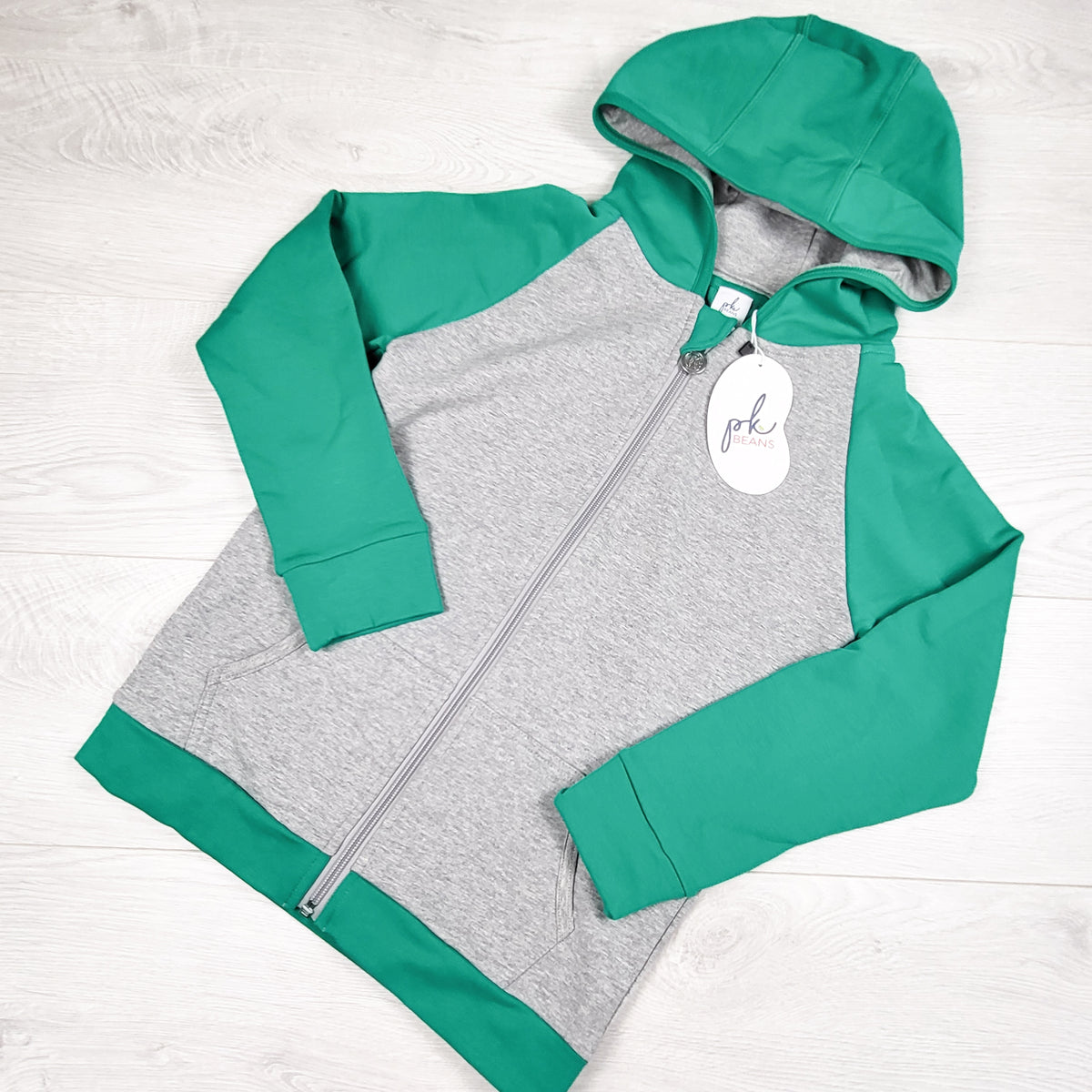NEW - Peekaboo Beans green and grey zip up "Go To" Hoodie. Size 8