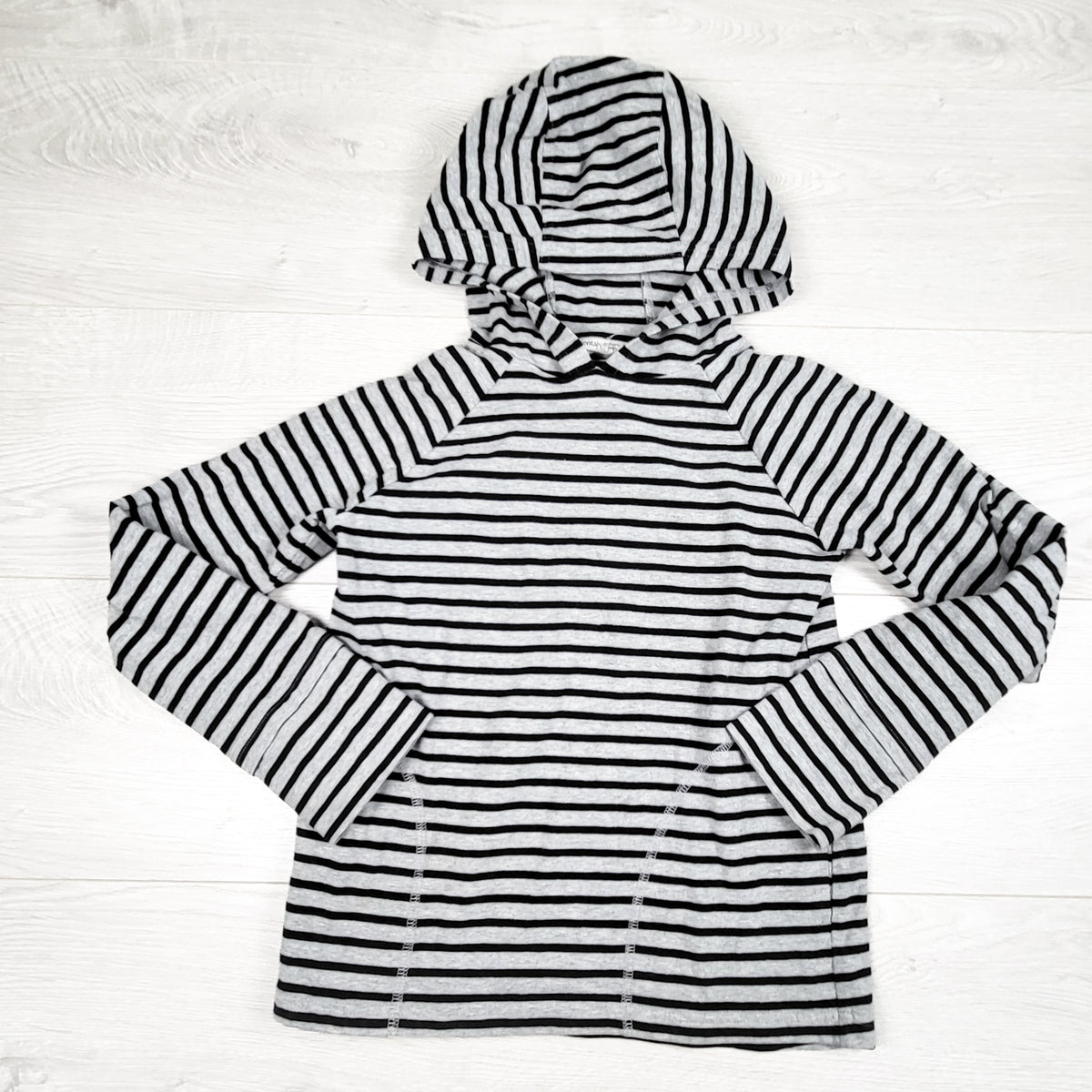 Peekaboo Beans grey striped hooded shirt. Size 7