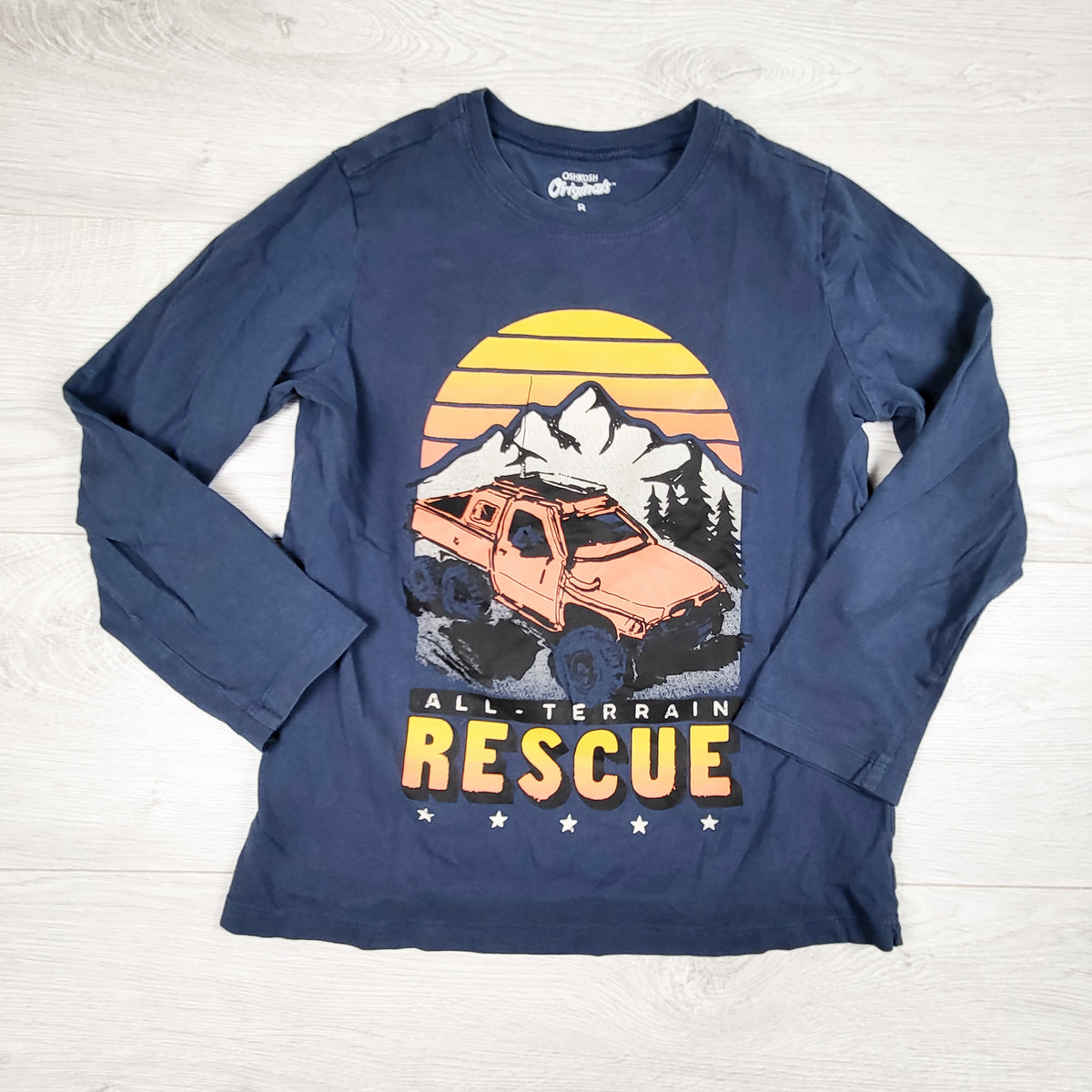 Oshkosh blue "All-Terrain Rescue" long sleeve top. Size 8