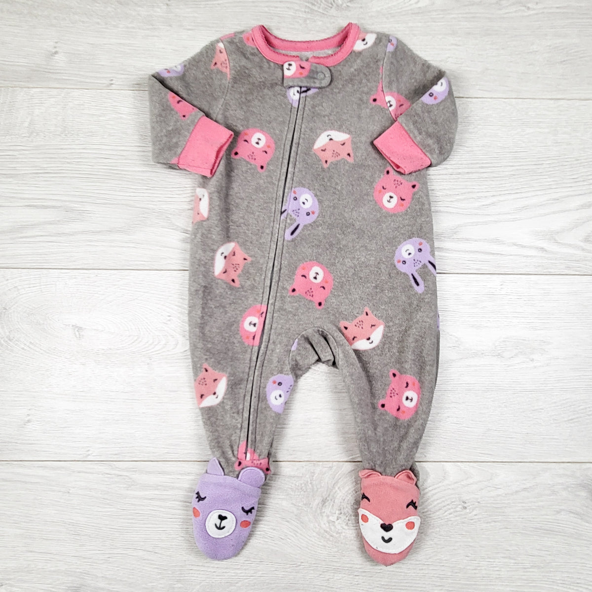 Carters grey zippered fleece sleeper with woodland animals. Size 3 months