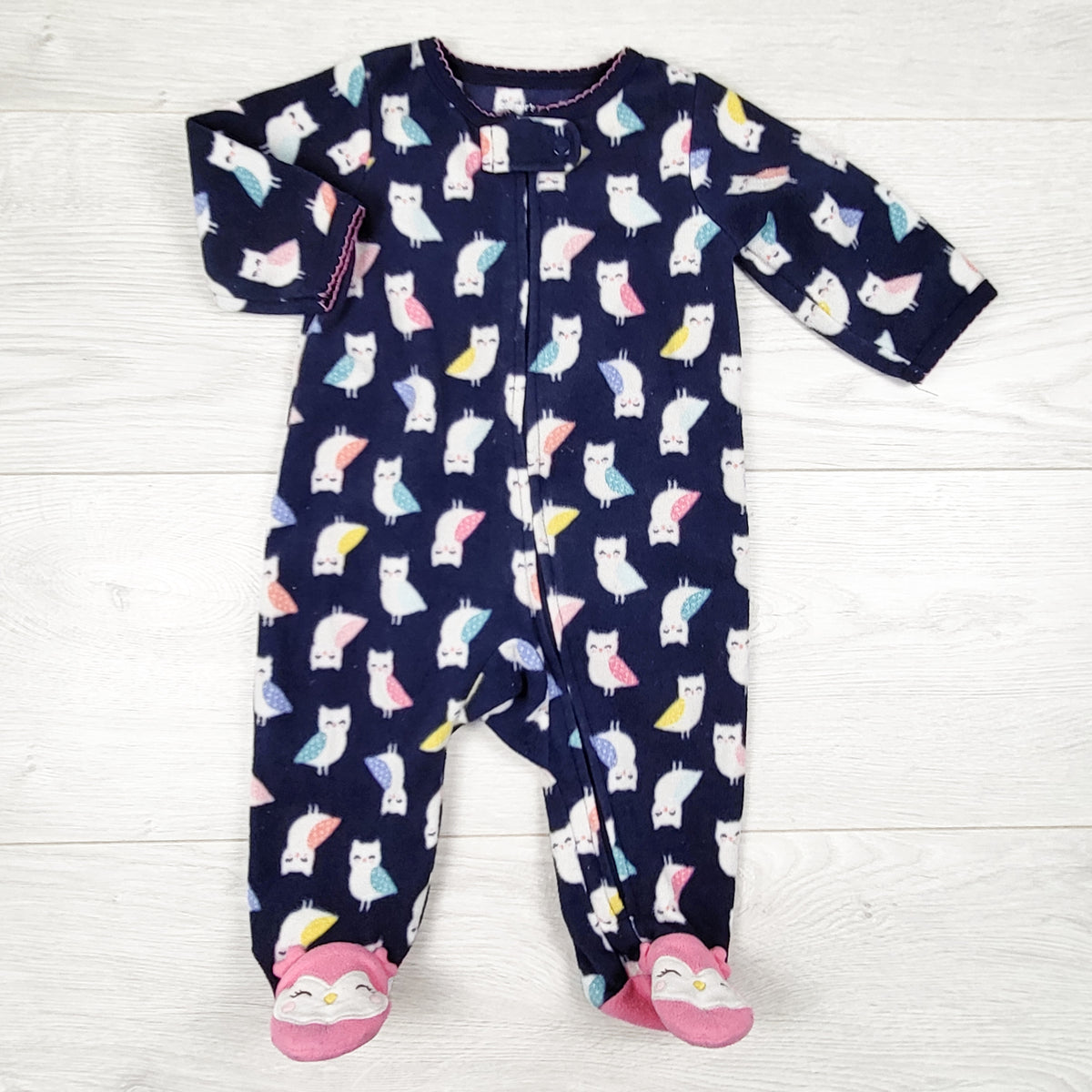 Carters navy zippered fleece sleeper with owls. Size 3 months