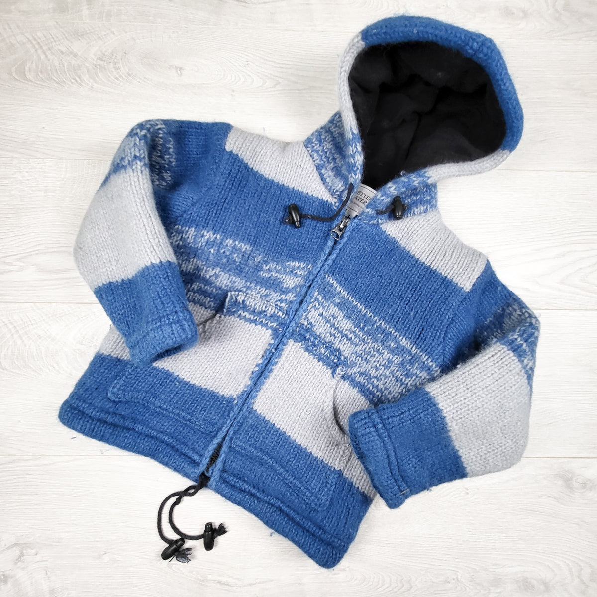 The Better Sweater brand fleece lined hooded zip up wool sweater jacket. Size large (3/4T)