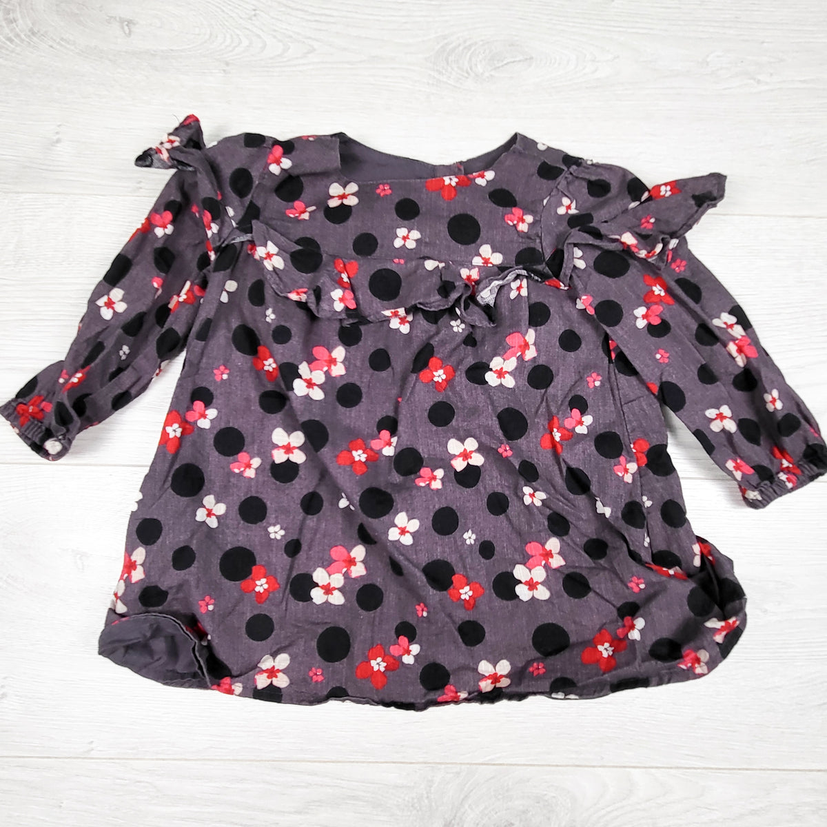 Gap grey polka dot dress with flowers. Size 12-18 months