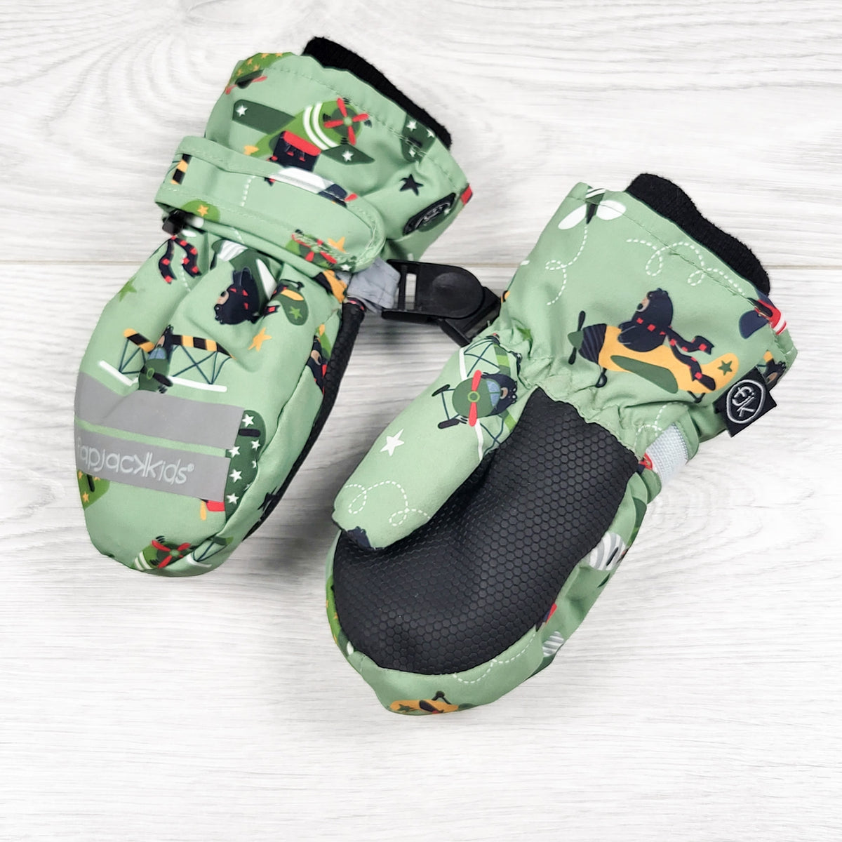 Flapjack Kids green construction themed waterpoof mittens. Size 6-24 months