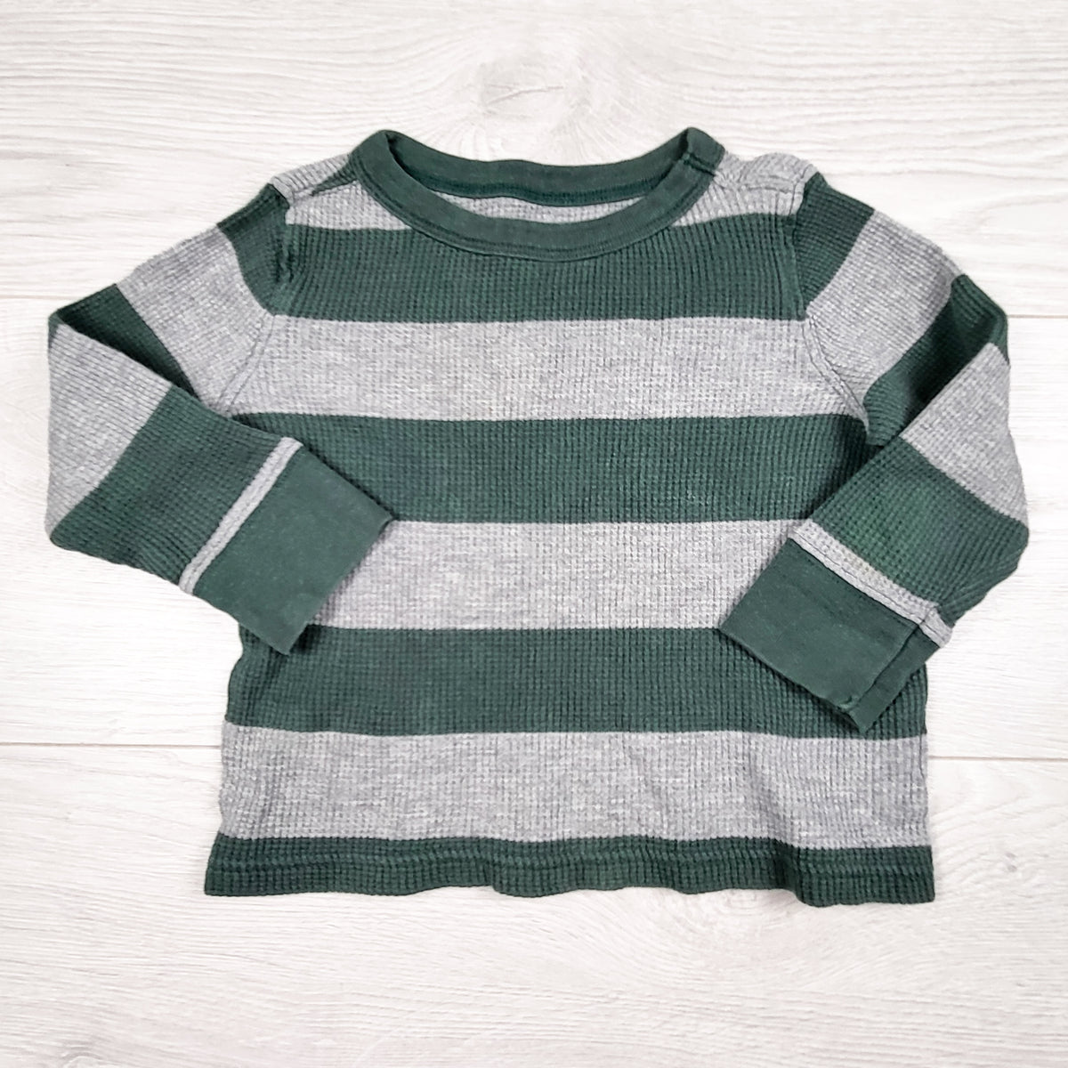 Old Navy green and grey striped waffle knit shirt. Size 18-24 months