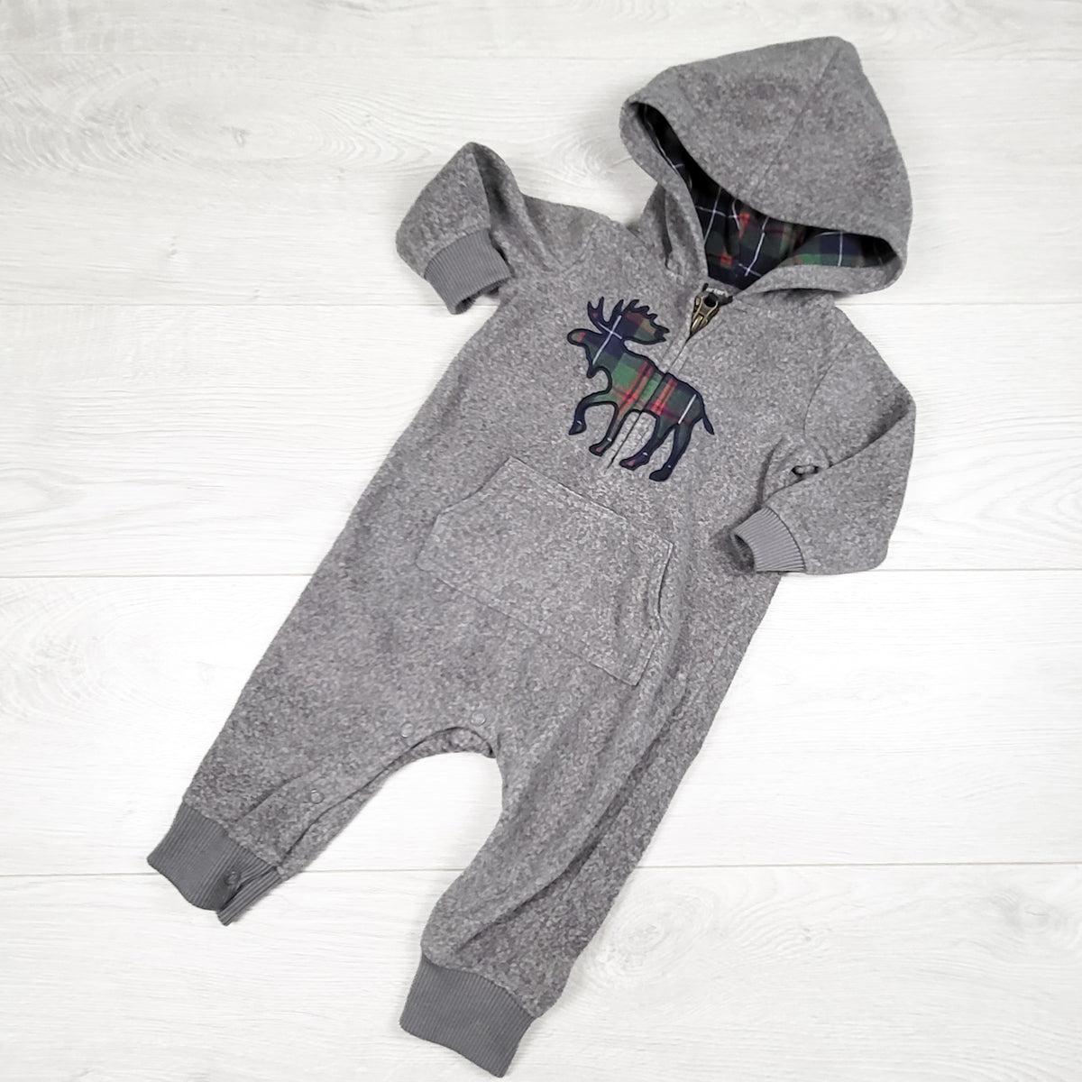 Carters grey hooded fleece romper with moose. Size 9 months