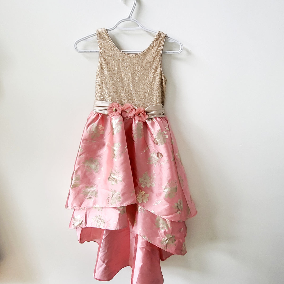 Iris & Ivy Pink and Gold Sequin and Floral Brocade High-Low Special Occasion dress  - Size 12