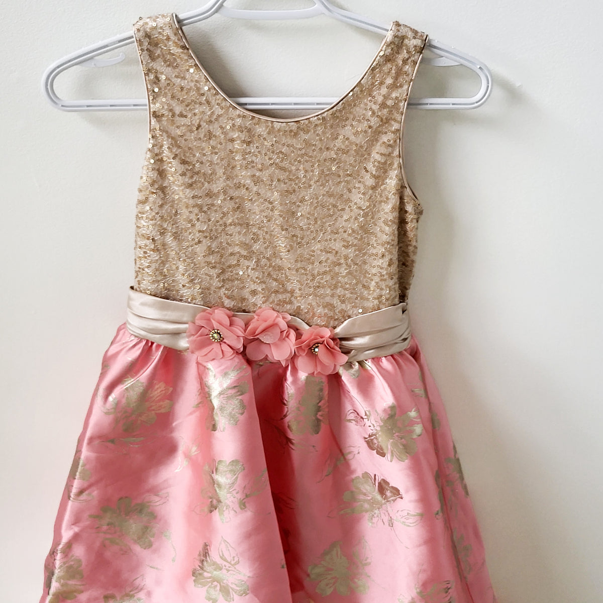 Iris & Ivy Pink and Gold Sequin and Floral Brocade High-Low Special Occasion dress  - Size 12