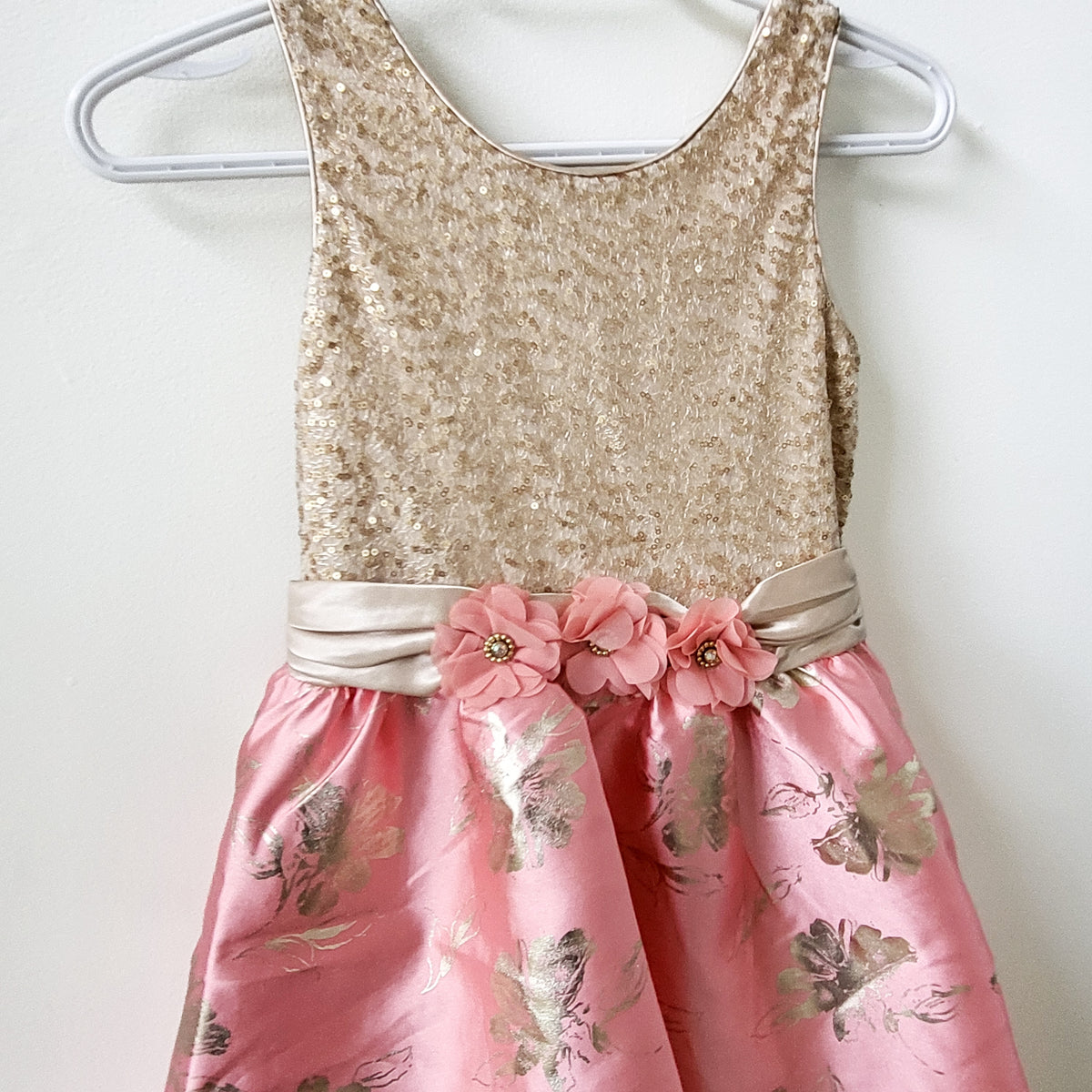 Iris & Ivy Pink and Gold Sequin and Floral Brocade High-Low Special Occasion dress  - Size 12