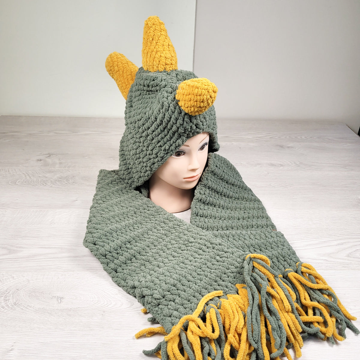 Ky's Cozy Creations handmade 3D Dinosaur Scarf Hat