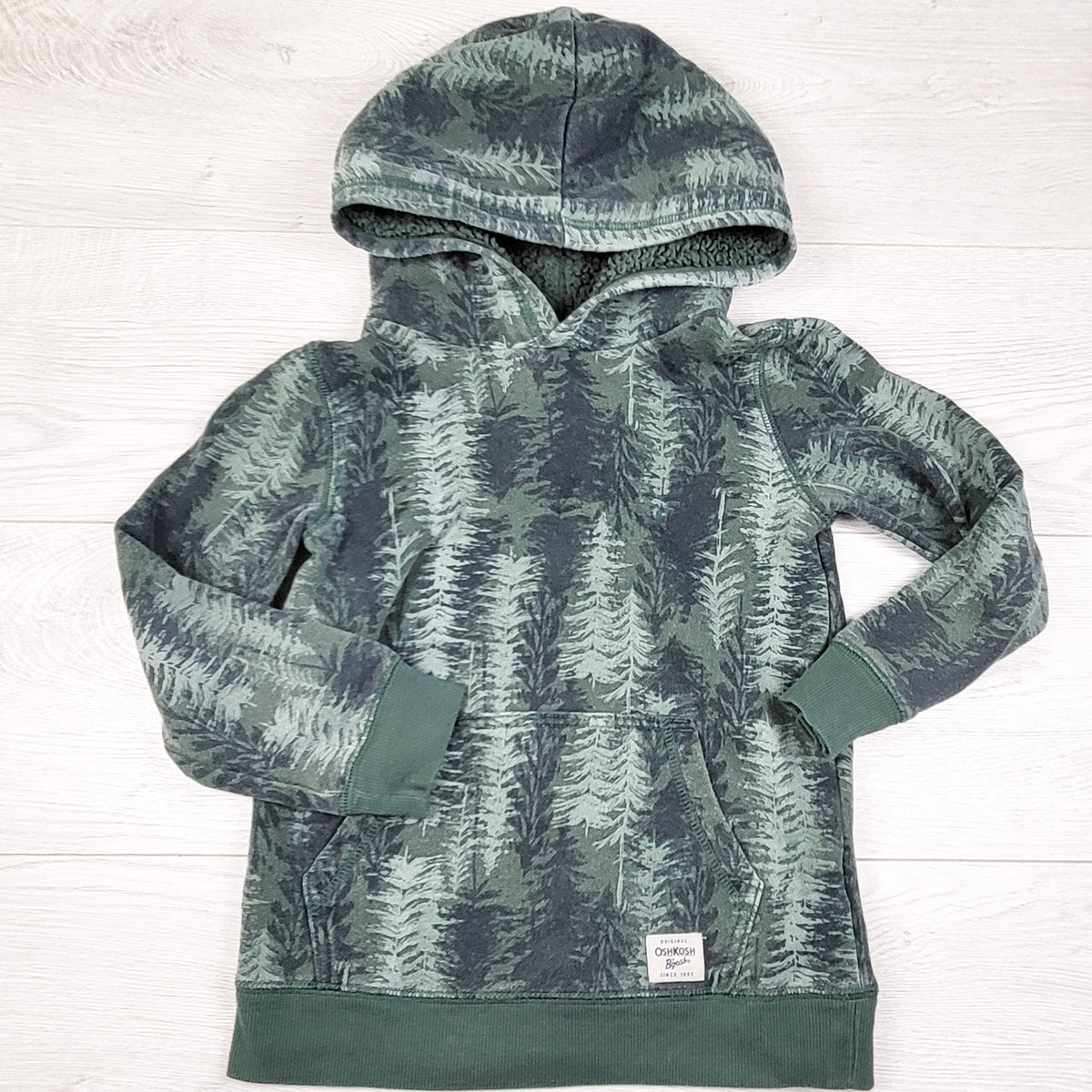 Oshkosh green fleecy lined tree print pullover hoodie - Size 7