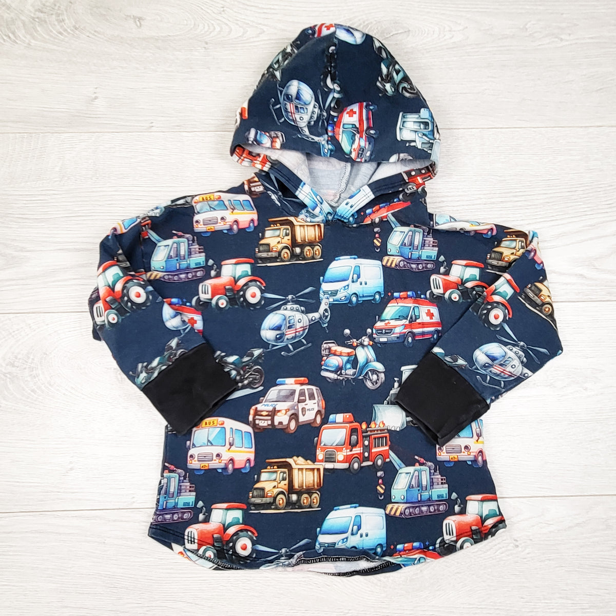 Sugar Sandwich Design Studio handmade hooded top with emergency vehicles - Size 3T