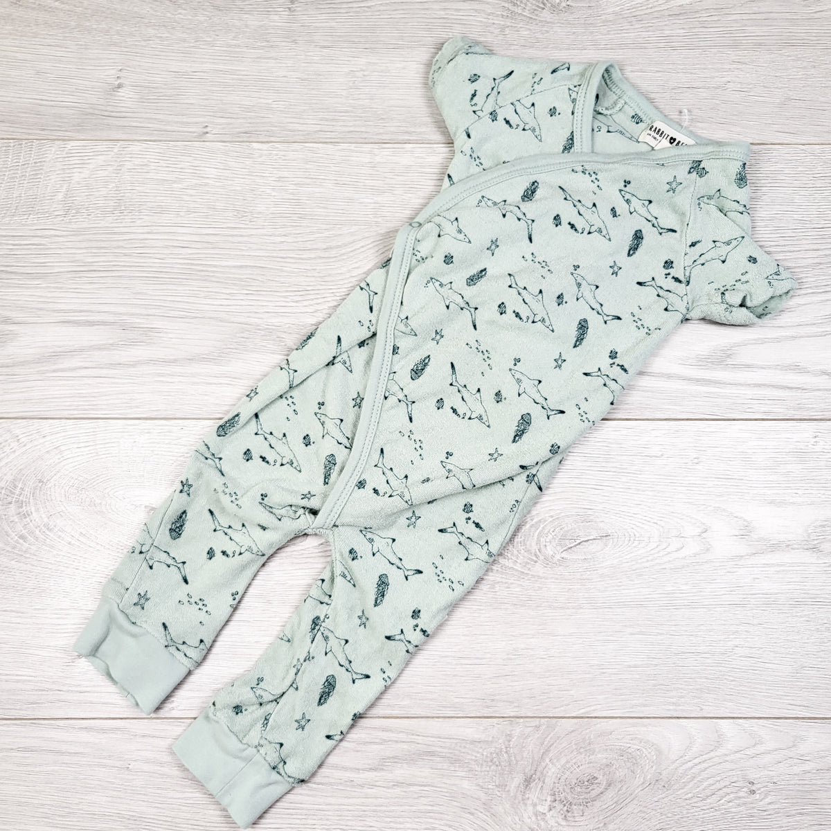 Rabbit + Bear mint green shark print wrap style terrycloth sleeper - Size 6 to 9 months