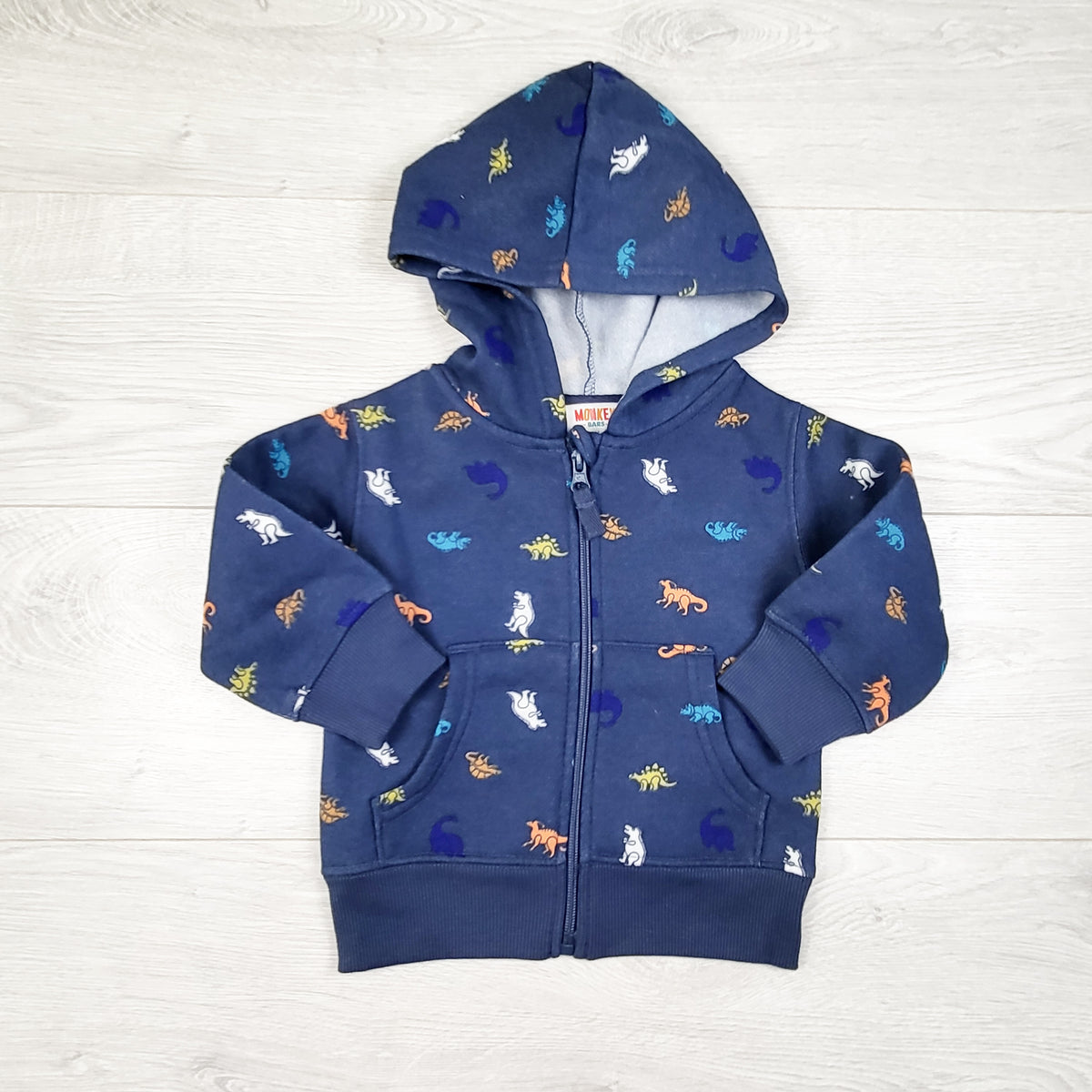 Monkey Bars blue fleecy lined zip up dinosaur print hoodie - Size 12 months