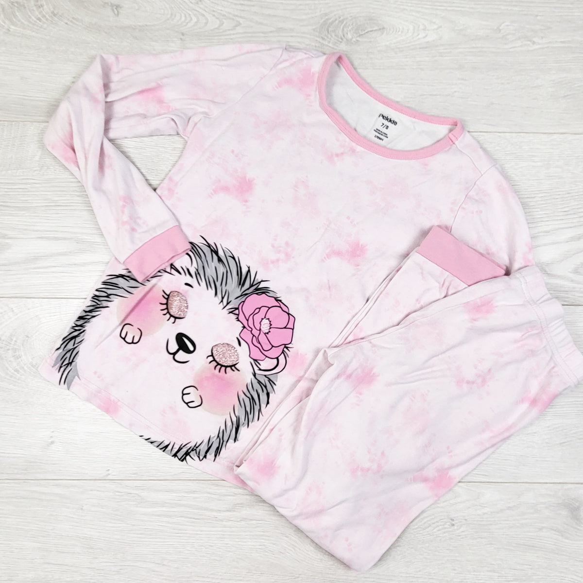 Pekkle pink tie dye style 2pc PJs with hedgehog - Size 7/8